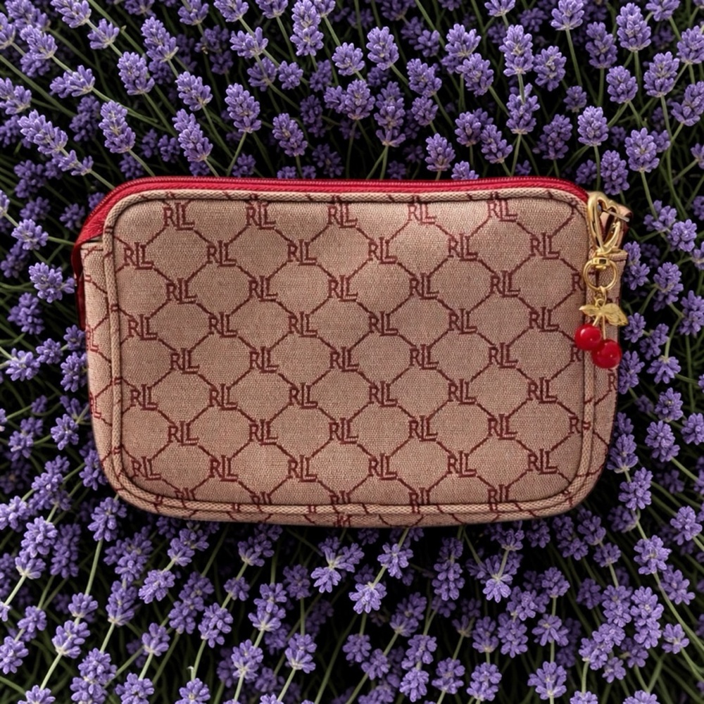 Ralph Lauren Beige Monogram Cosmetic Pouch with Red Trim